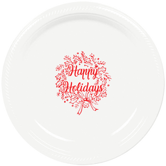 Pre-Printed 7" Plastic Plates<br> Happy Holiday Wreath