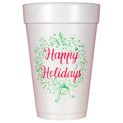 Pre-Printed Styrofoam Cups<br> Happy Holidays Wreath