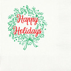 Pre-Printed Beverage Napkins<br> Happy Holidays Wreath